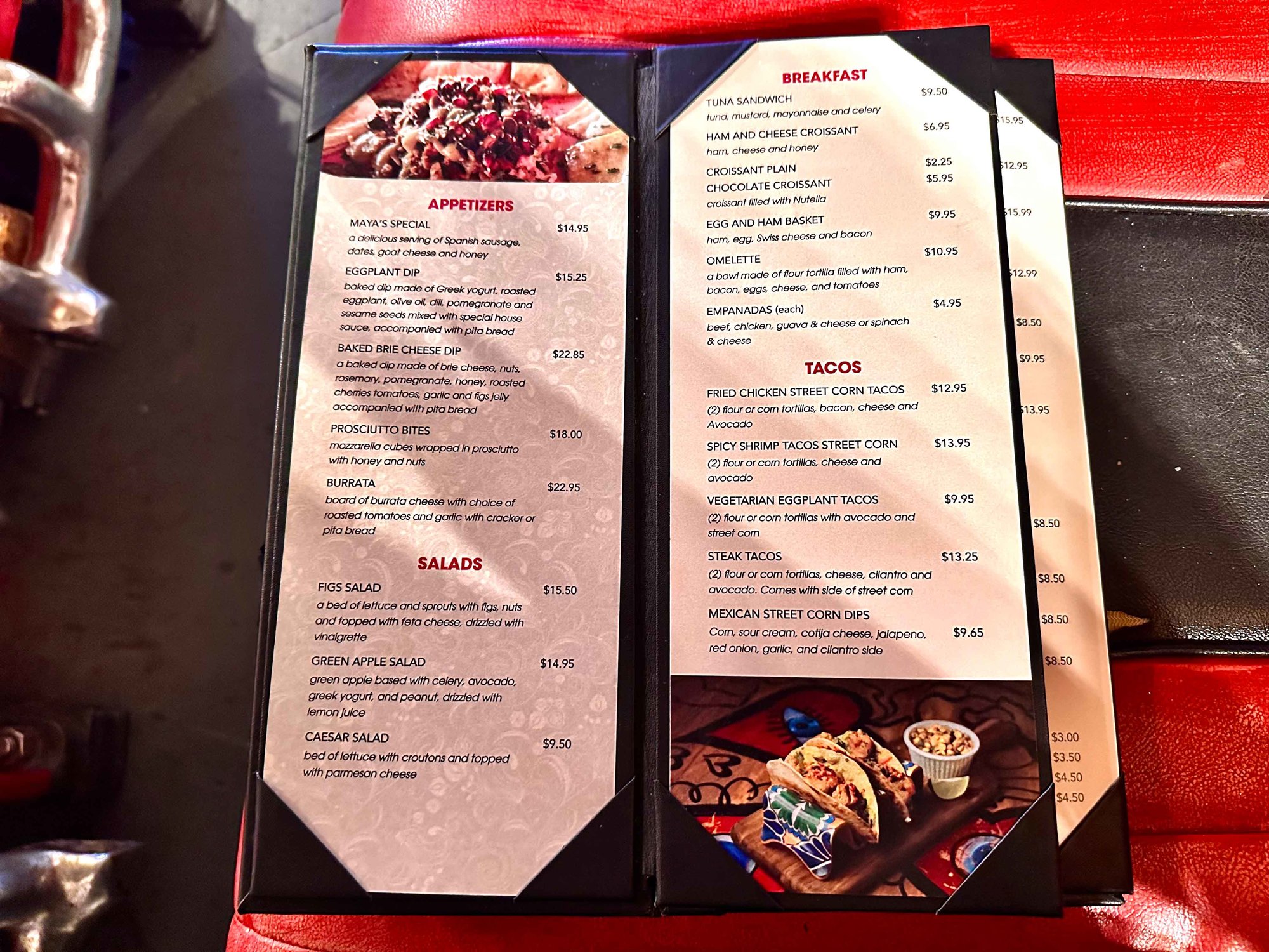 menu with appetizers and breakfast options